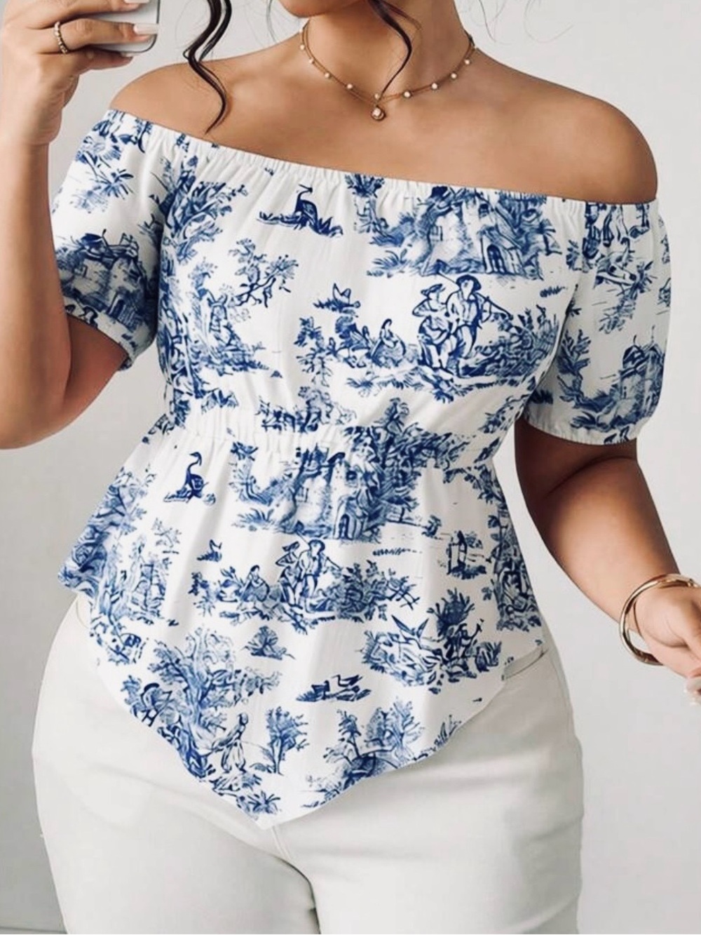 Plus size women’s 16 off the shoulder petal sleeve peplum coastal tropical top